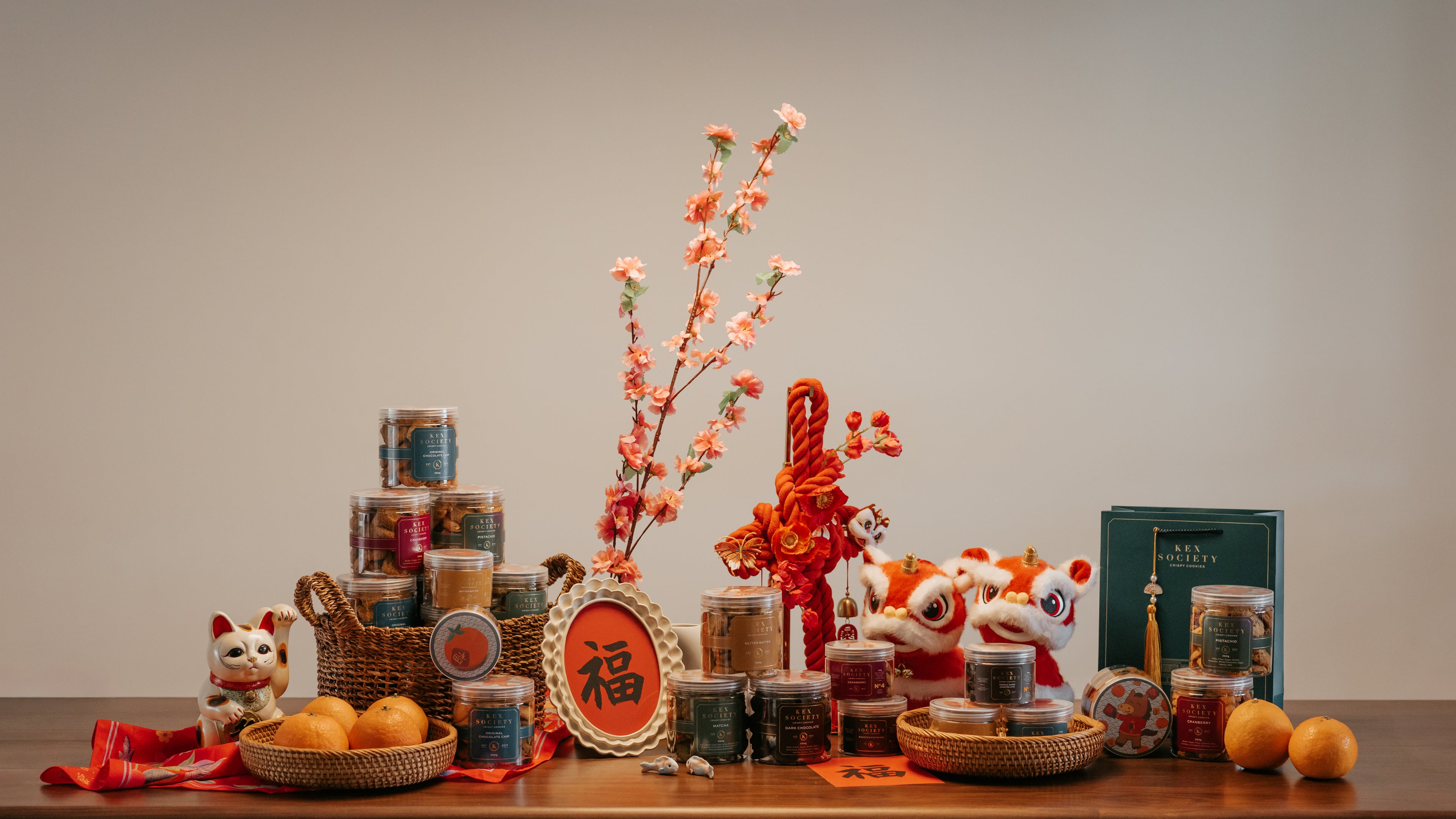 Lunar new year decorations with bottles of cookies laying on the table